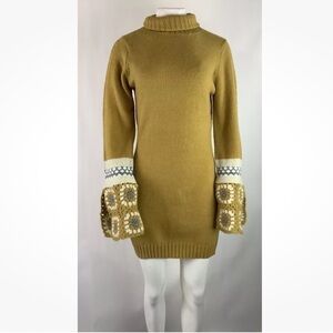 Lulus Sz S Its Groovy Crochet Arm Sweater Dress Mustard Yellow Acrylic Retro